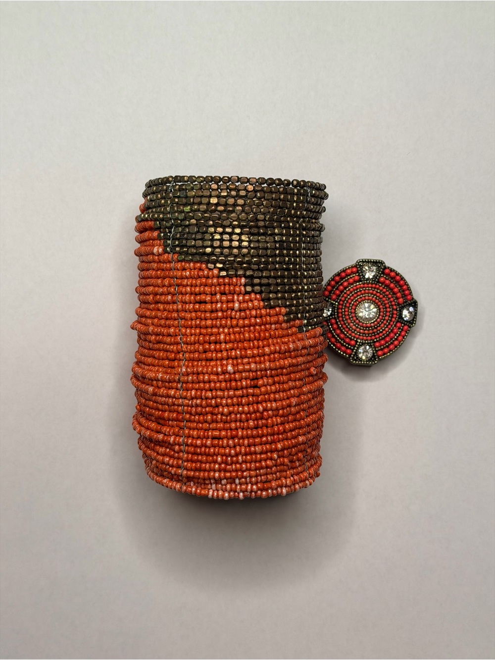 🧡 Vintage Y2K Boho Terracotta Beaded Wide Cuff Bracelet Shield Ring Jewelry Set